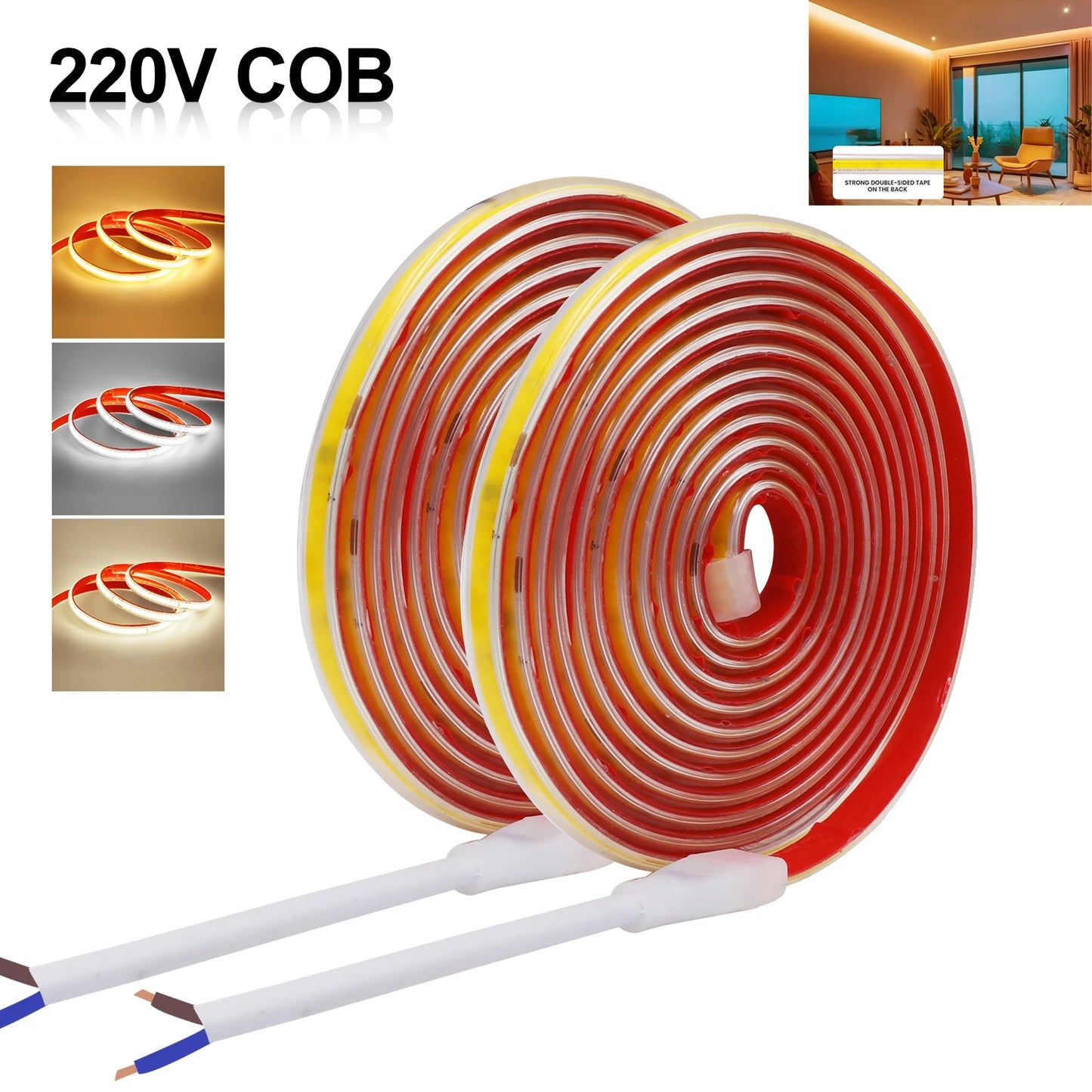 AC 230V COB Strip 240LEDs/M IP65 Waterproof Tape Adhesive