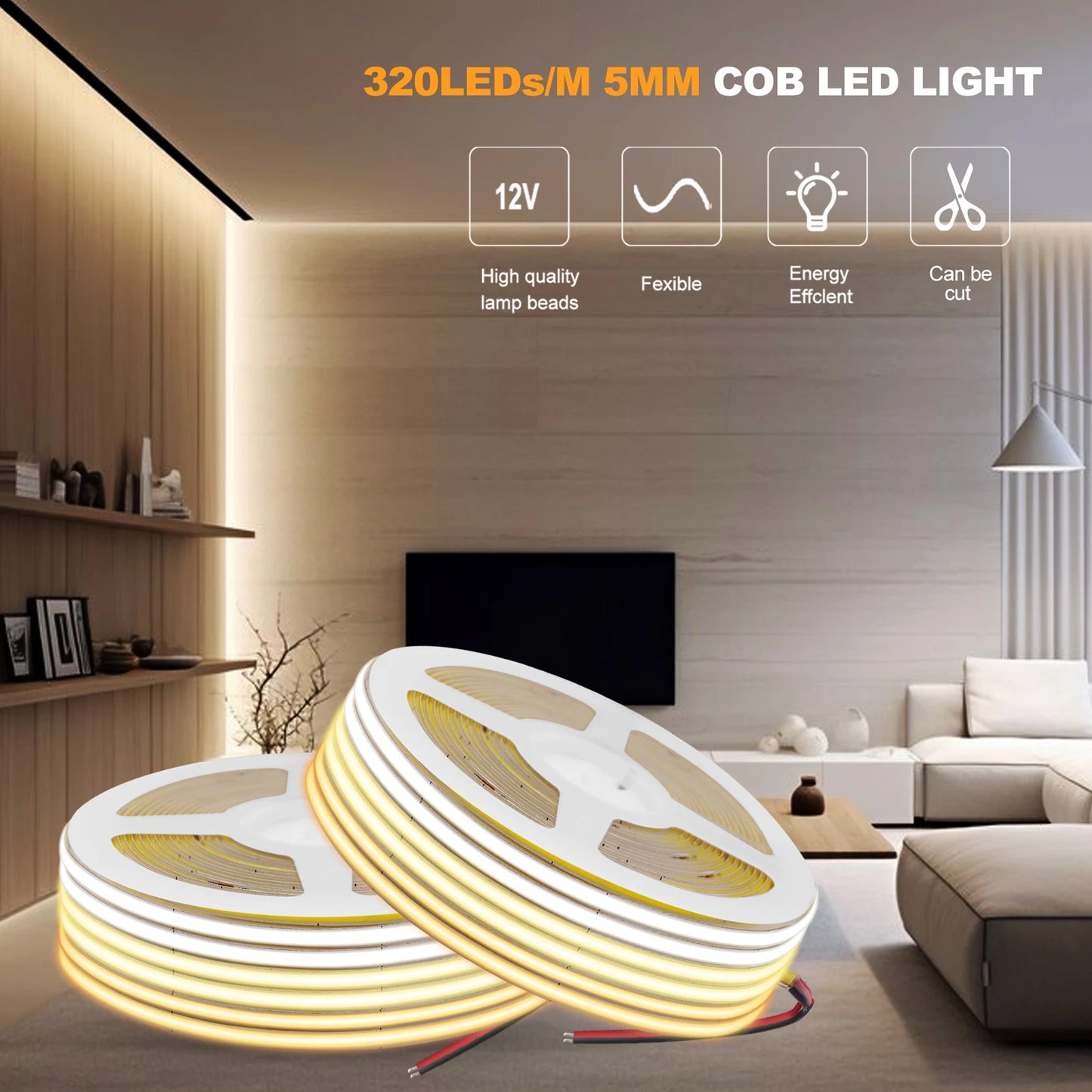 COB LED Strip 5V 12V 24V 320LEDs Flexible LED Tape