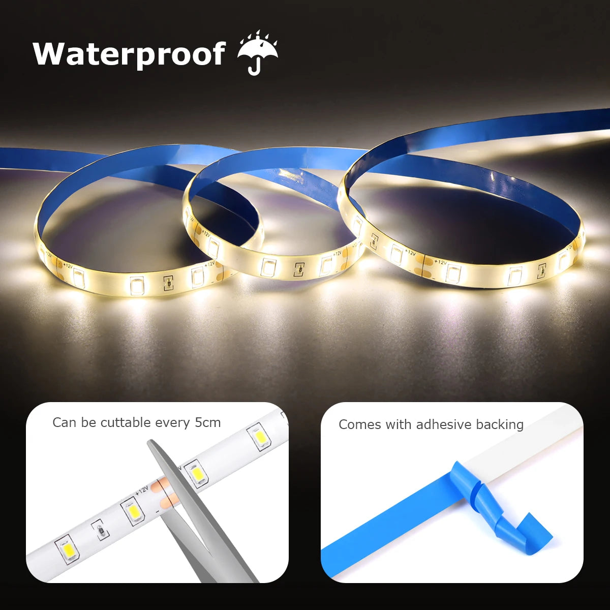 Waterproof 2835 LED Strip with 110V 220V to 12V EU US Power Adapter