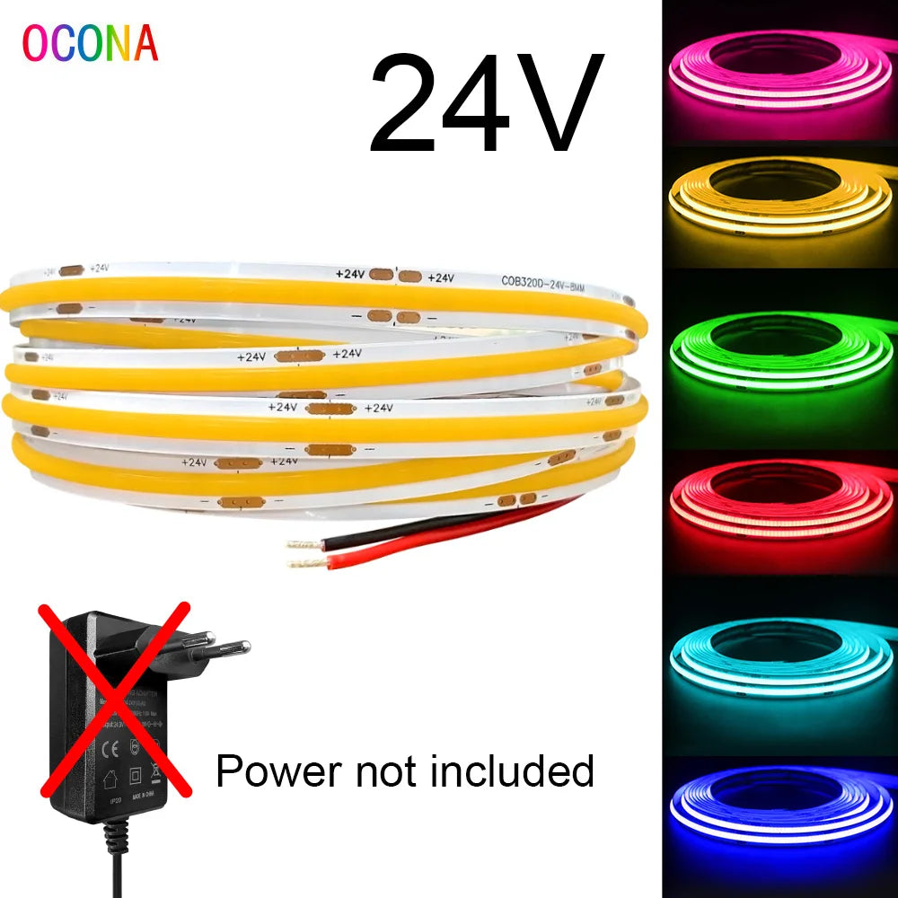 DC 24V Colour COB LED Strip Lights For Room 8mm 480LED/m High Density