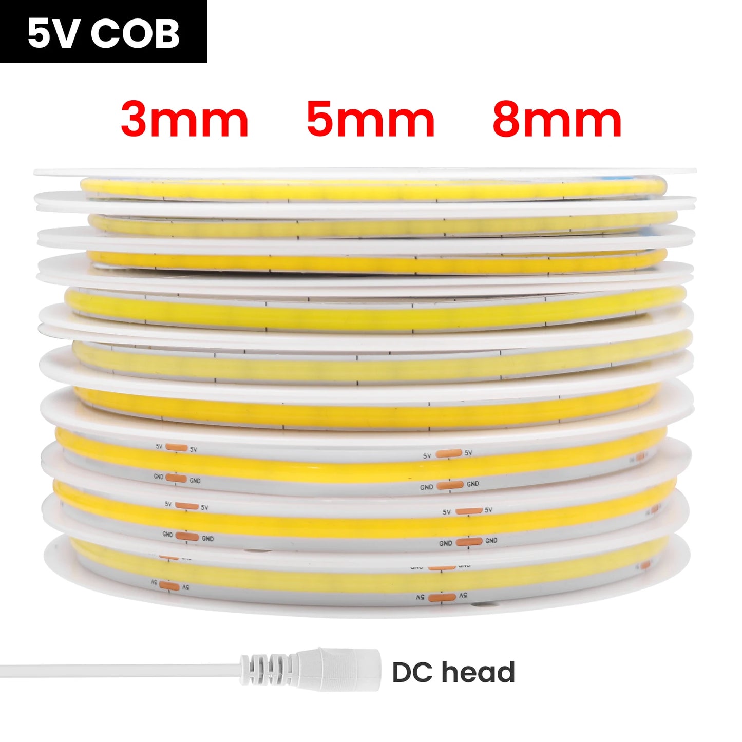 3mm 5mm 8mm COB LED Strip Light 5V 12V 320LEDs/m High Density