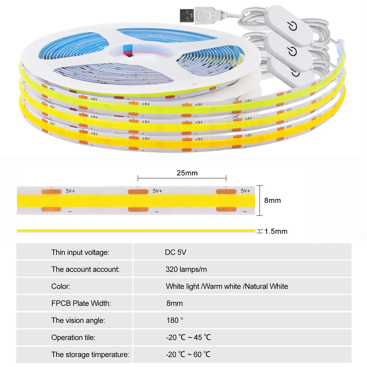 LED COB Strip Light Touch Dimmer Switch Flexible Diode Tape 5V USB Indoor Lamp