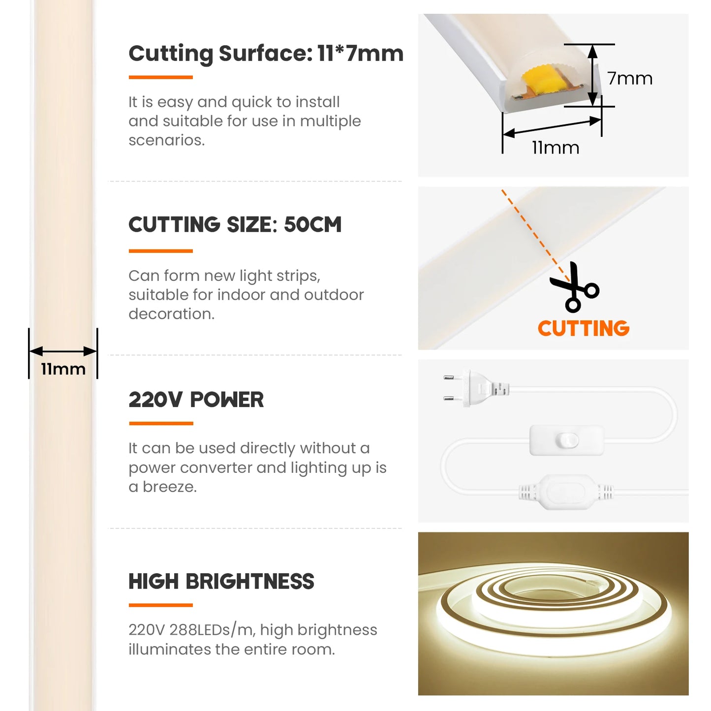Waterproof COB LED Strip Light With EU Switch Plug