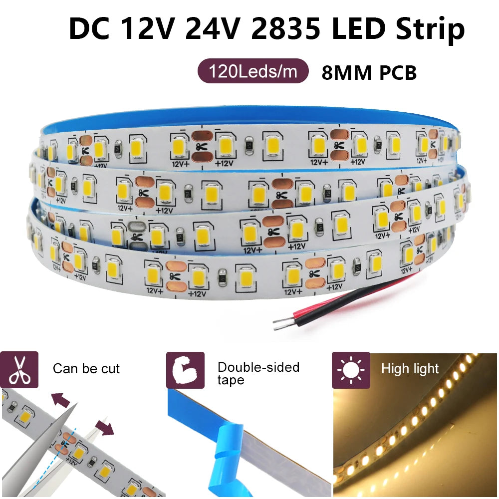 DC 5V 12V 24V Led Strip SMD 2835 120 180 240 LEDs/m Diode Tape