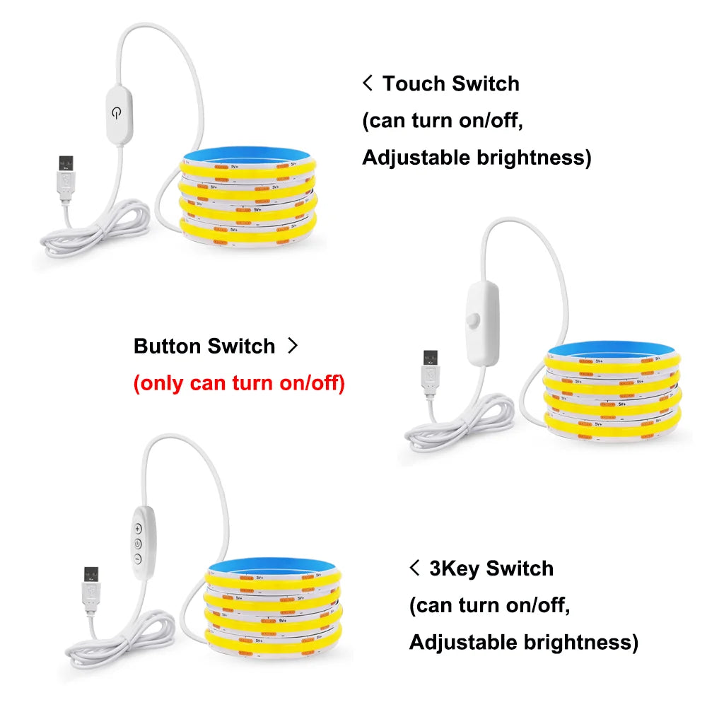 LED COB Strip Light Touch Dimmer Switch Flexible Diode Tape 5V USB Indoor Lamp