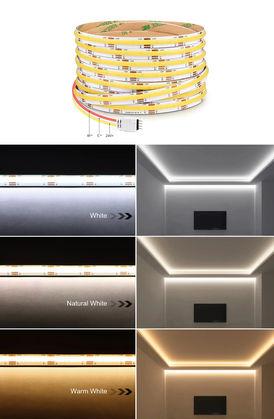 608LEDs/M CCT Wifi COB LED Strips Dual White room decor