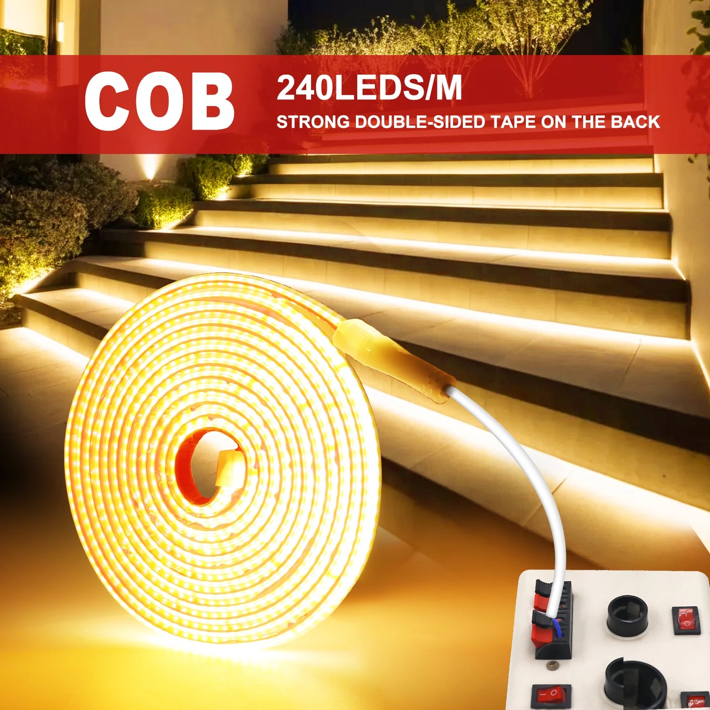 AC 230V COB Strip 240LEDs/M IP65 Waterproof Tape Adhesive