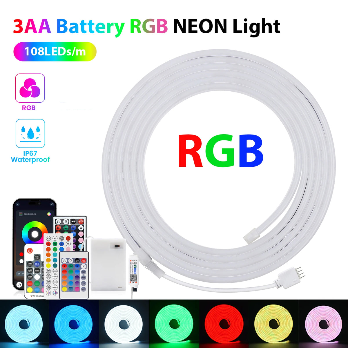3AA Battery Powered 5V RGB Color-changing LED Neon Strip Light