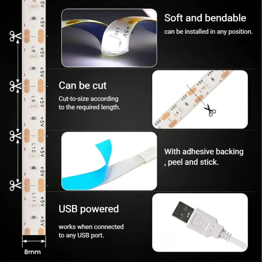 5V USB LED Strip Light with Switch Decoration Tape Ribbon