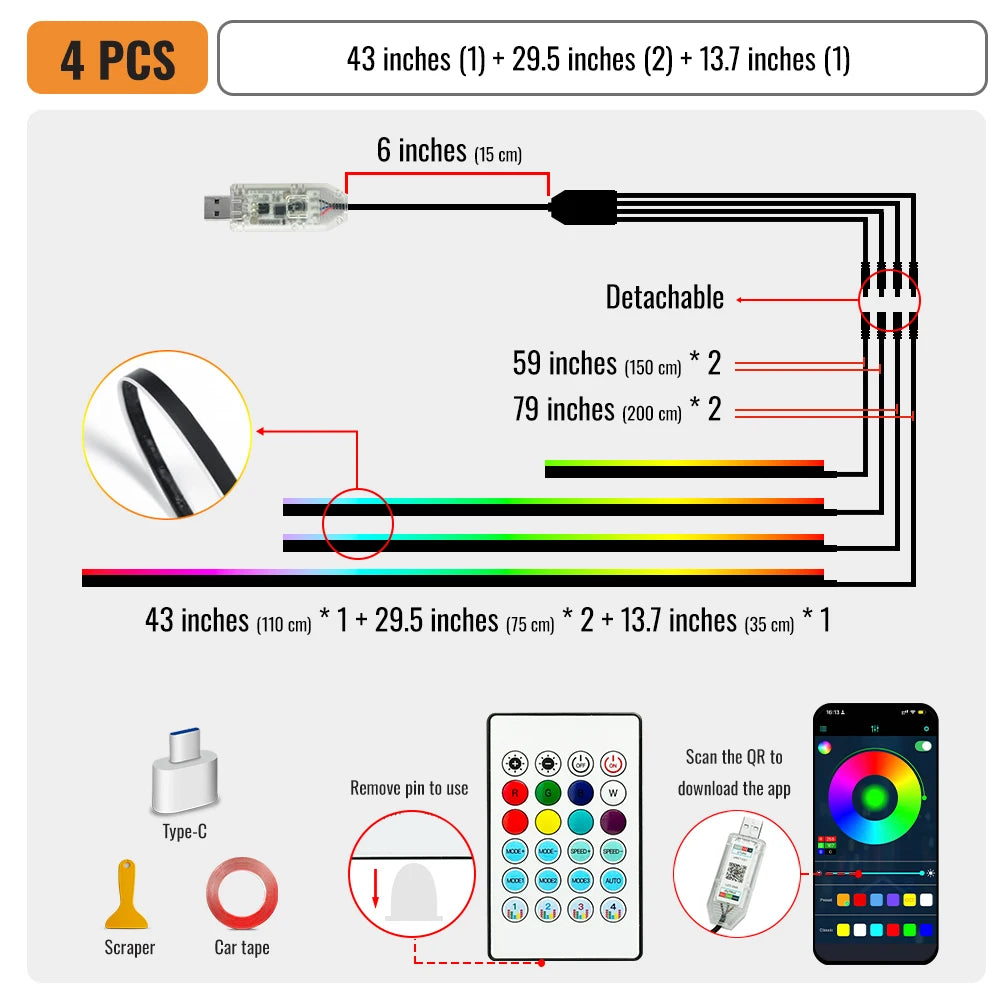 Streamer Car Ambient Lights RGB 64 Color Universal LED