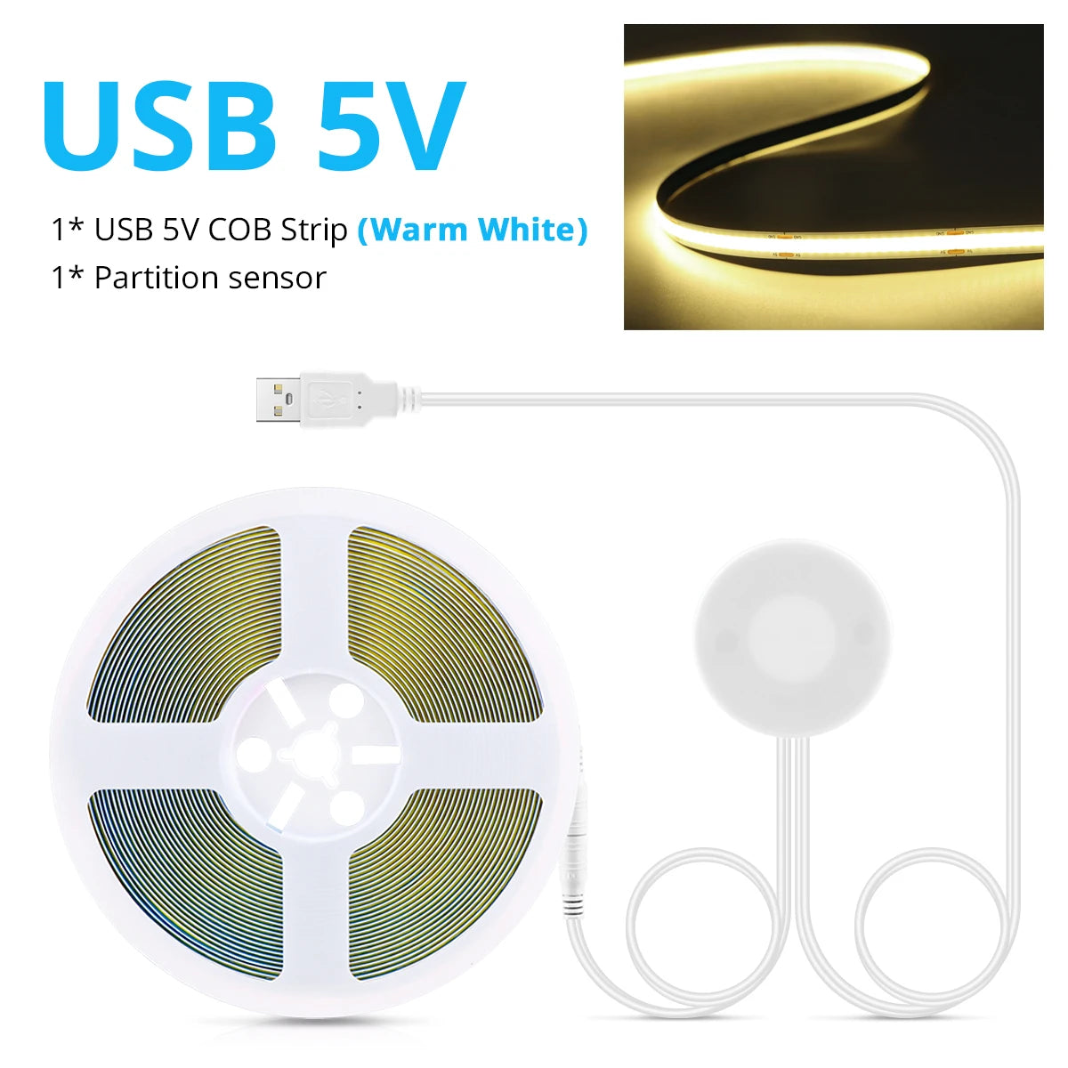 Super Bright USB COB LED Strip Light 320leds/m DC 5V