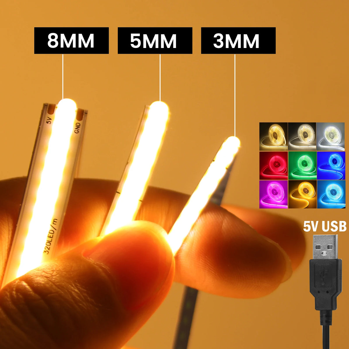 5V USB COB Led Strip Light 320 Leds/M White/Red/Green/Blue/Ice Blue/Pink