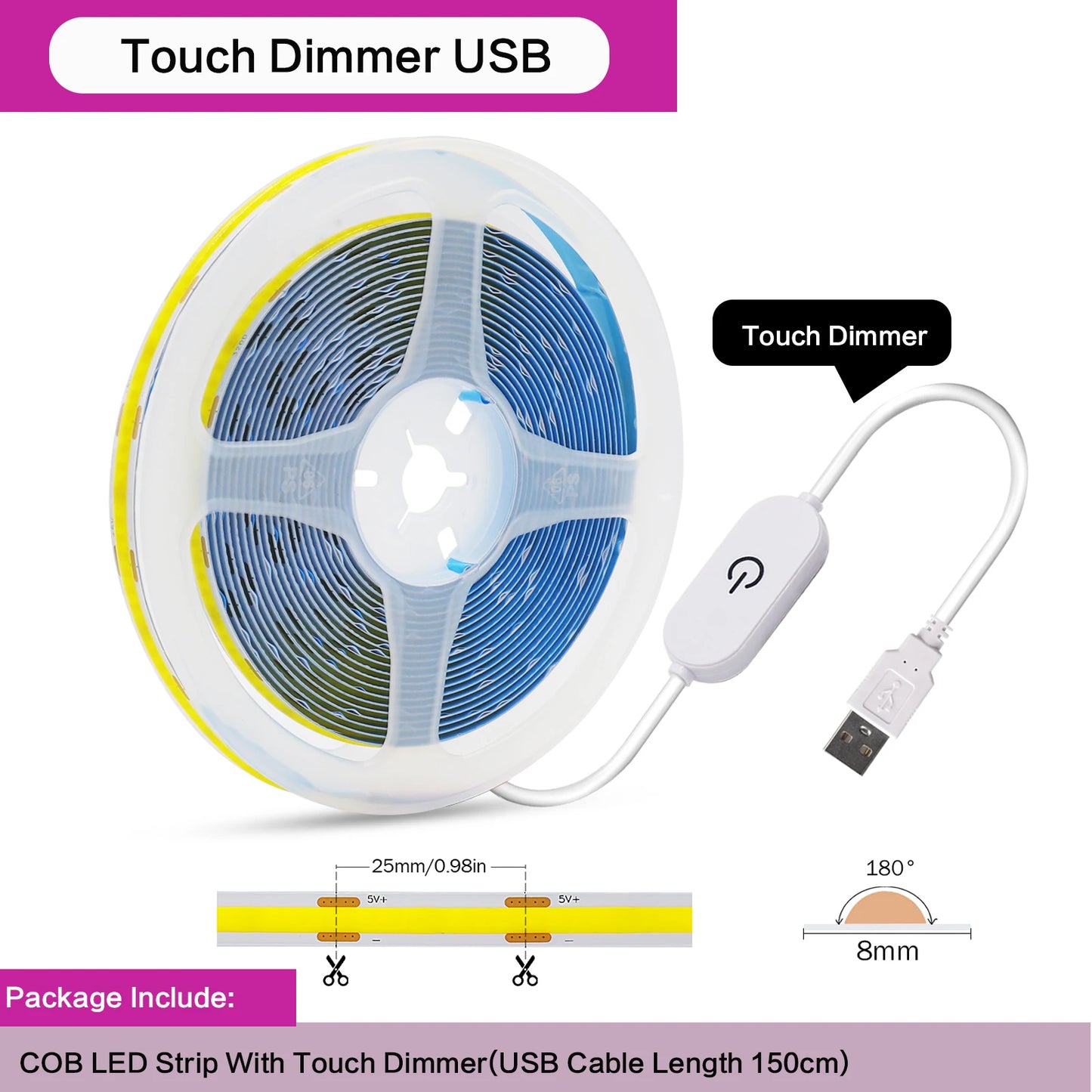 5V COB LED Light Strip With Touch Dimmer/ON OFF Switch