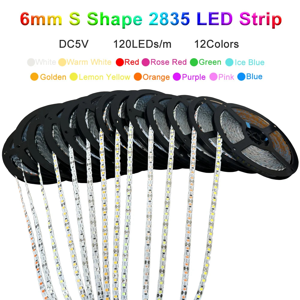 DC5V S Shape 2835 SMD LED Strip 6mm Width Bendable String Light