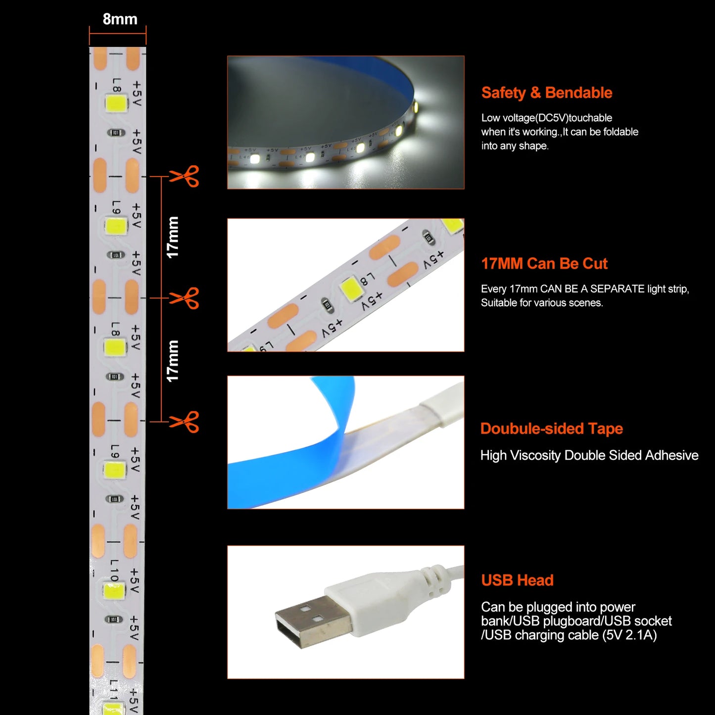 USB LED Strip Light DC5V 2835 With Dimmer/ON OFF Switch