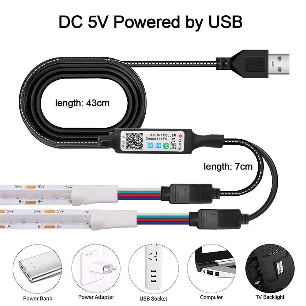 DC 5V USB RGB COB Light Strip 576LED/M Bluetooth APP 3key Controller