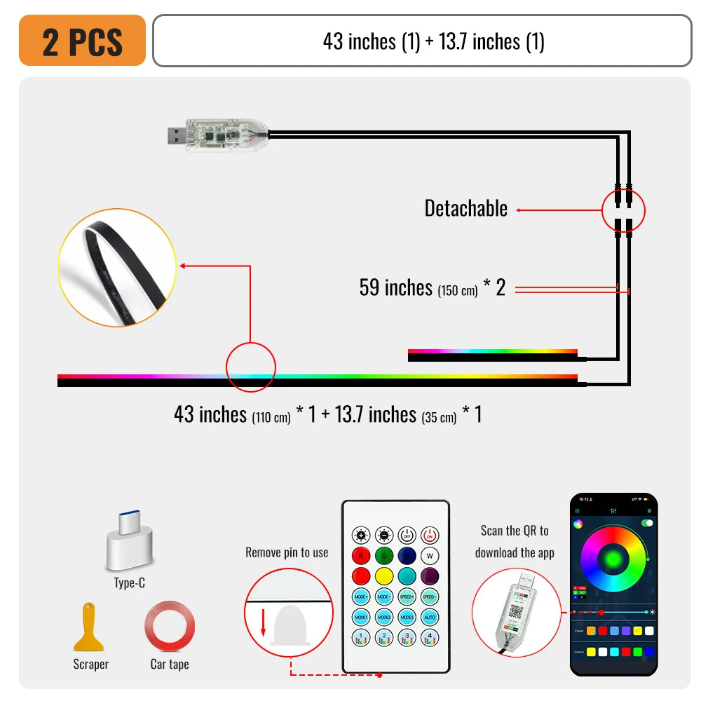 Streamer Car Ambient Lights RGB 64 Color Universal LED