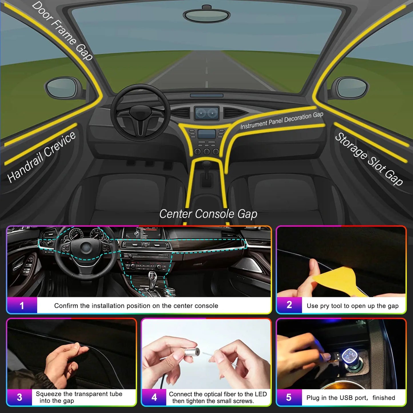 LED Car Interior Ambient Strip Lights RGB Fiber Optic Atmosphere