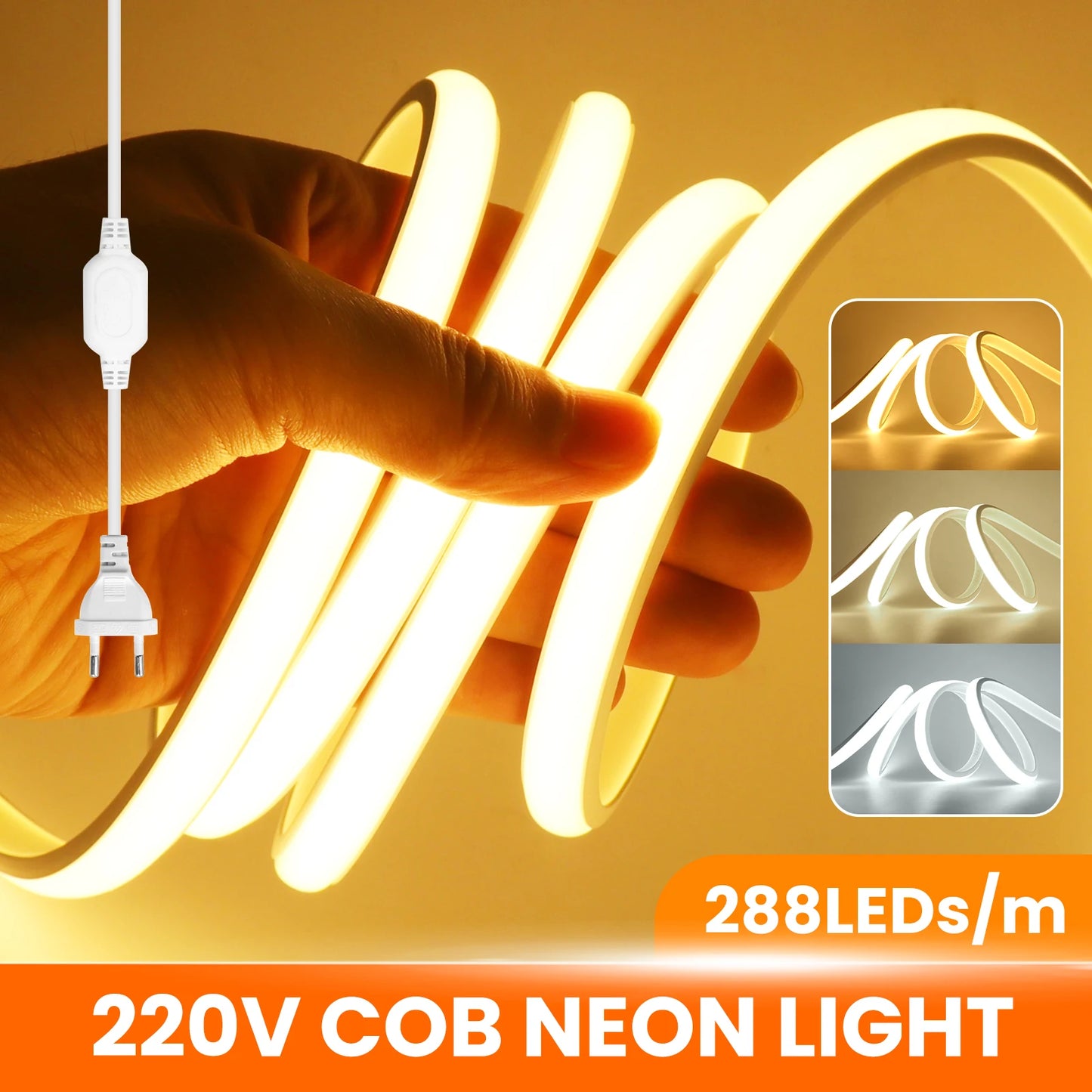 AC 220V Waterproof COB LED Strip Light With EU Switch Plug