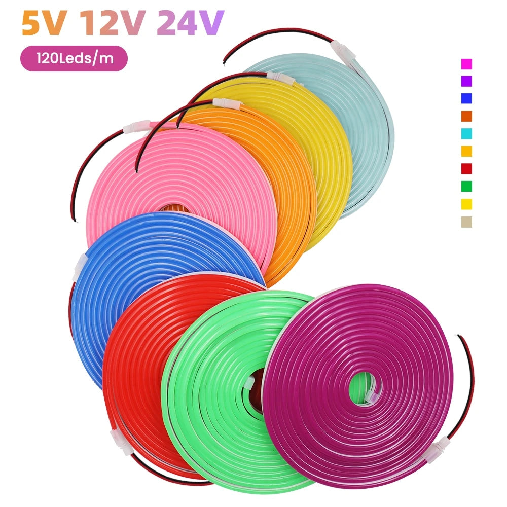5V 12V 24V Neon LED Strip With 2Pin Wire 120LEDs/M IP67 Silicon Tube Bar