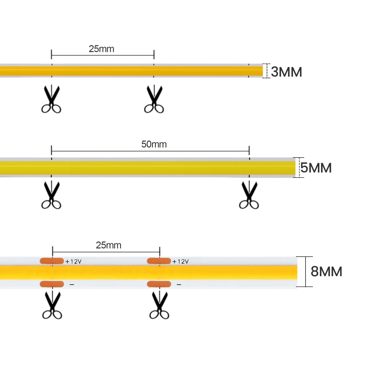 3mm 5mm 8mm COB LED Strip Light 5V 12V 320LEDs/m High Density