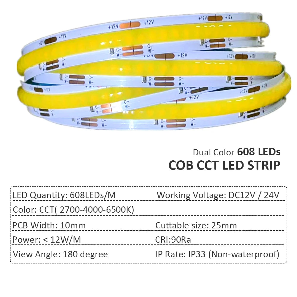 FCOB CCT LED Light Strip 608 LEDs High Density Flexible FOB COB