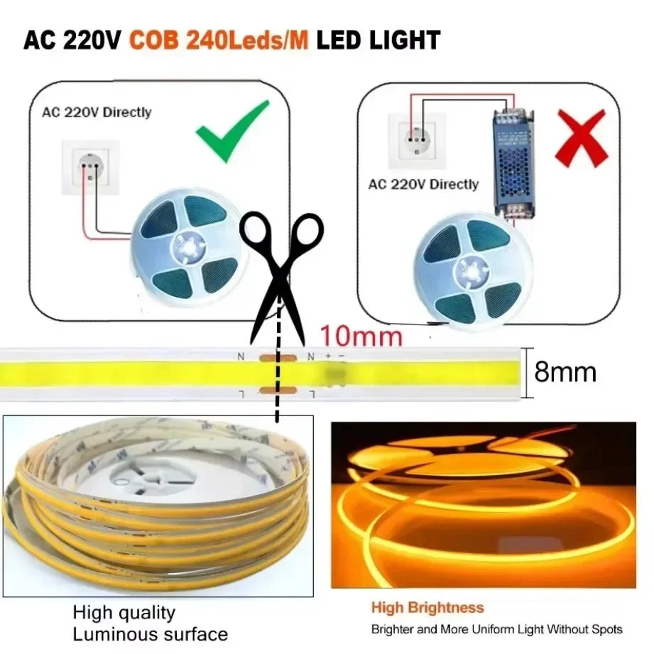 220V COB LED Strip 0.5M-10M Flexible Tape Light Smart