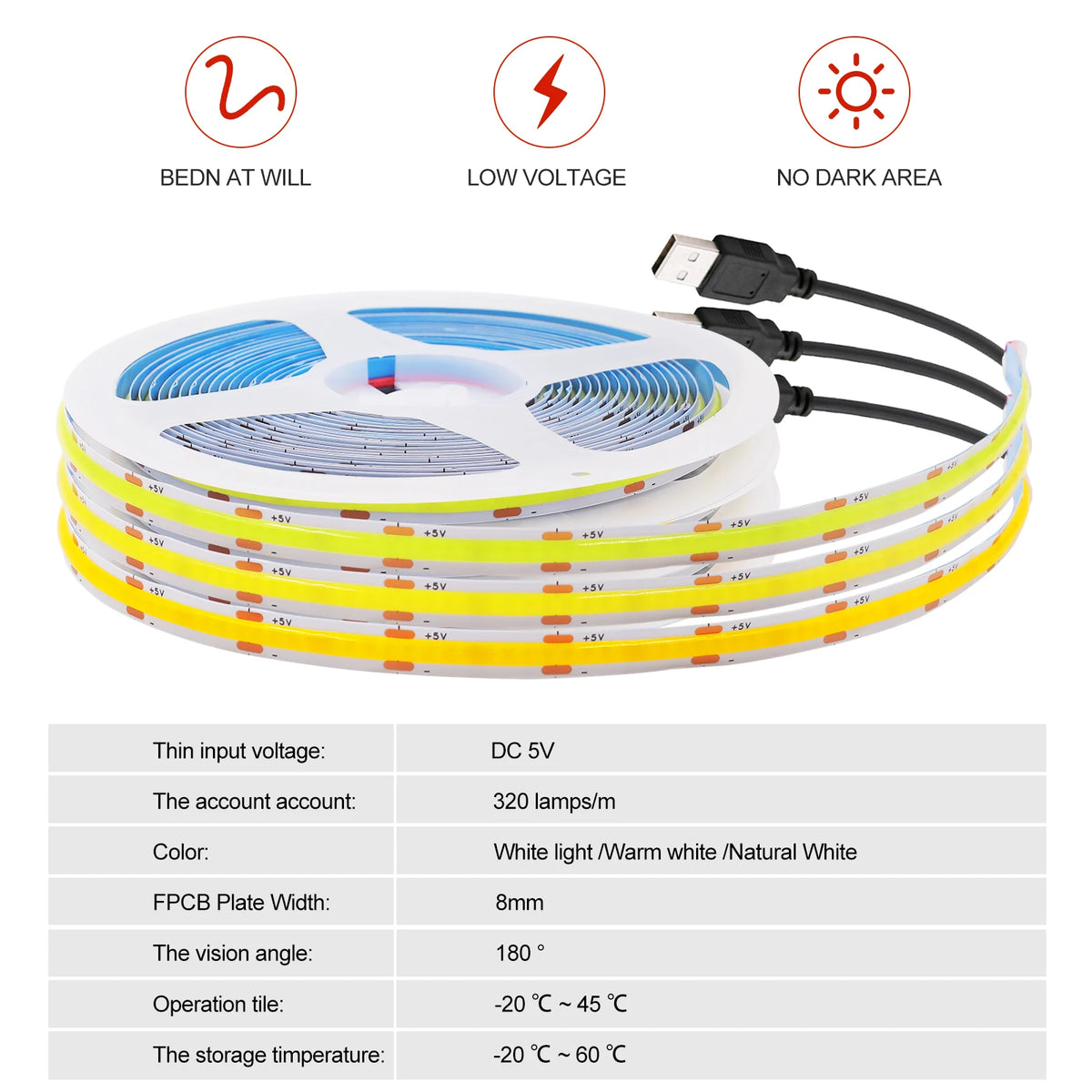 DC5V USB COB Led Strip Light 8MM PCB Flexible Adhesive Tape