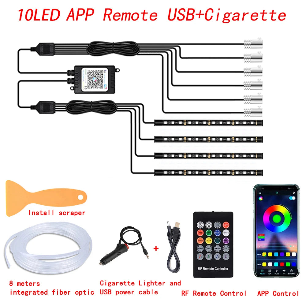 LED Car Interior Ambient Strip Lights RGB Fiber Optic Atmosphere