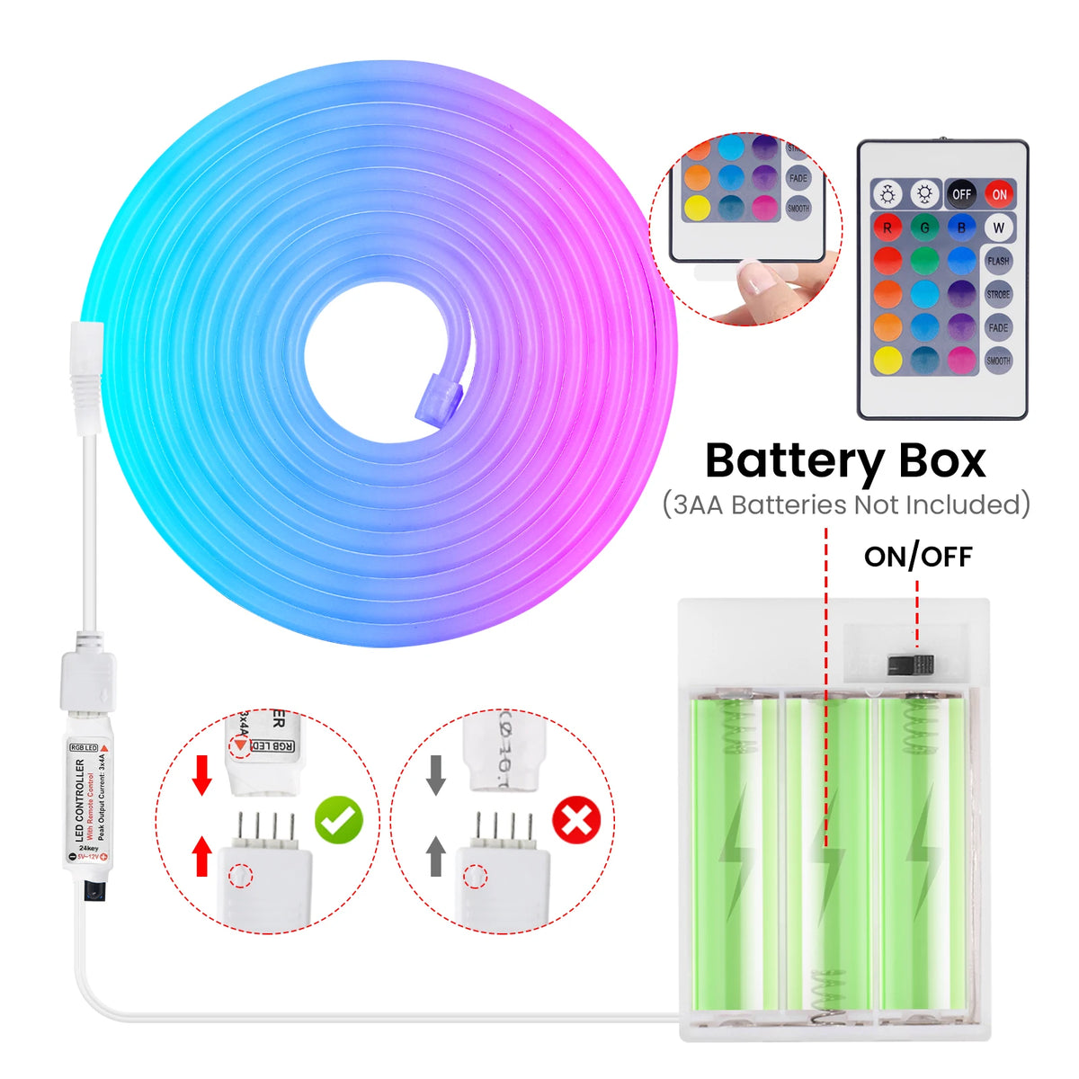 3AA Battery Powered 5V RGB Color-changing LED Neon Strip Light