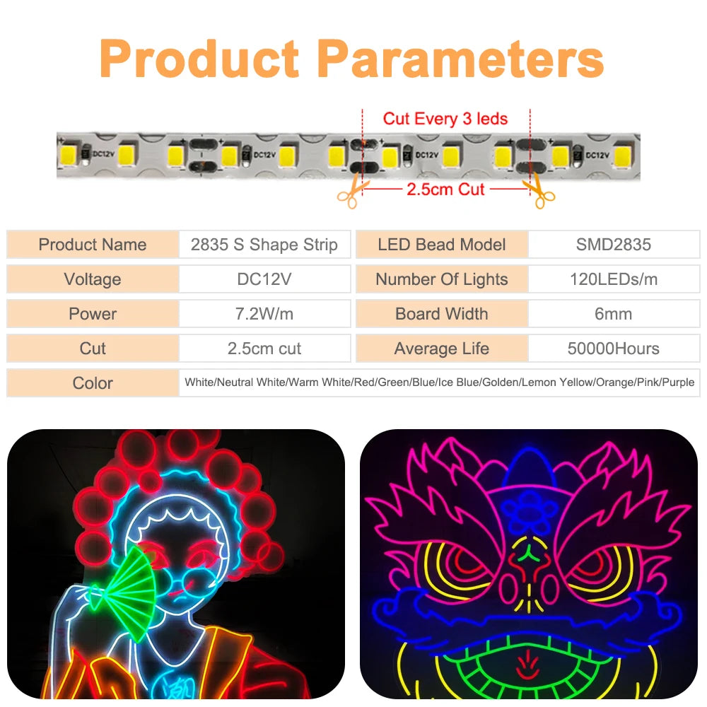 6mm Width DC12V 2835 S Shape LED Strip Flexible Foldable Tape Light