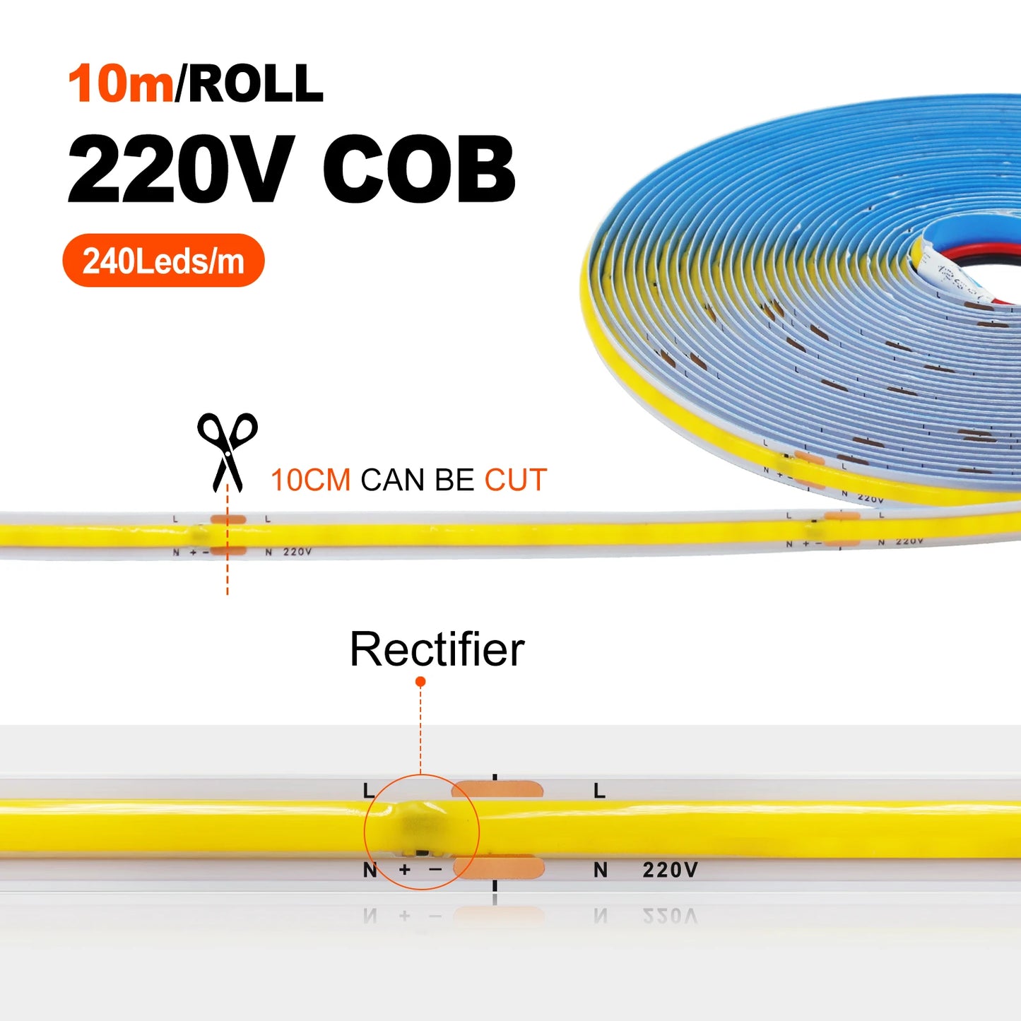 AC 110V 220V COB Strip PCB 8MM 240Leds For Home Decor