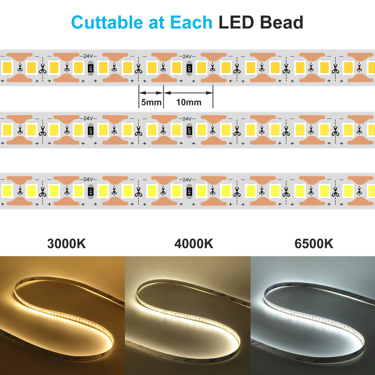 24V 5m 10m/Roll LED Strip Light High Bright 180LEDs/M