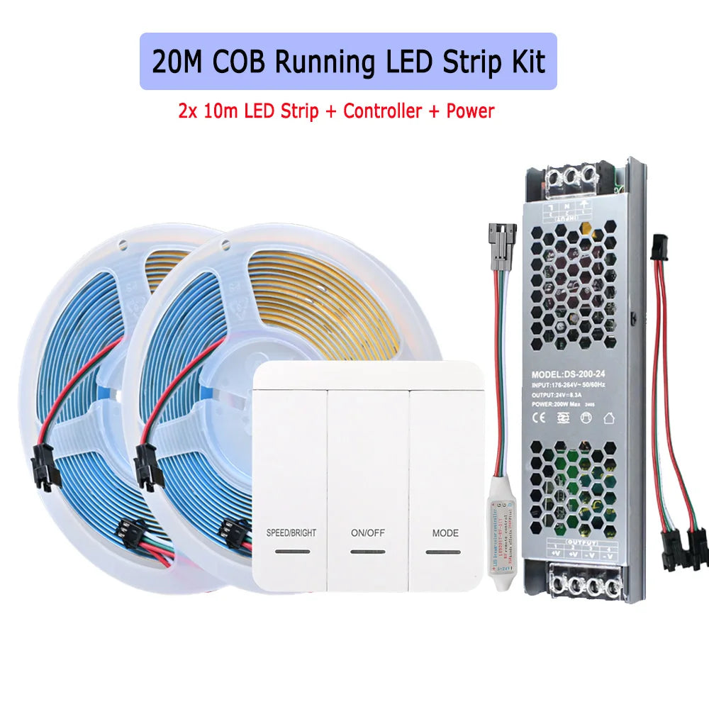 10M 20M COB Running Water Flowing LED Strip 24V Horse Racing Light