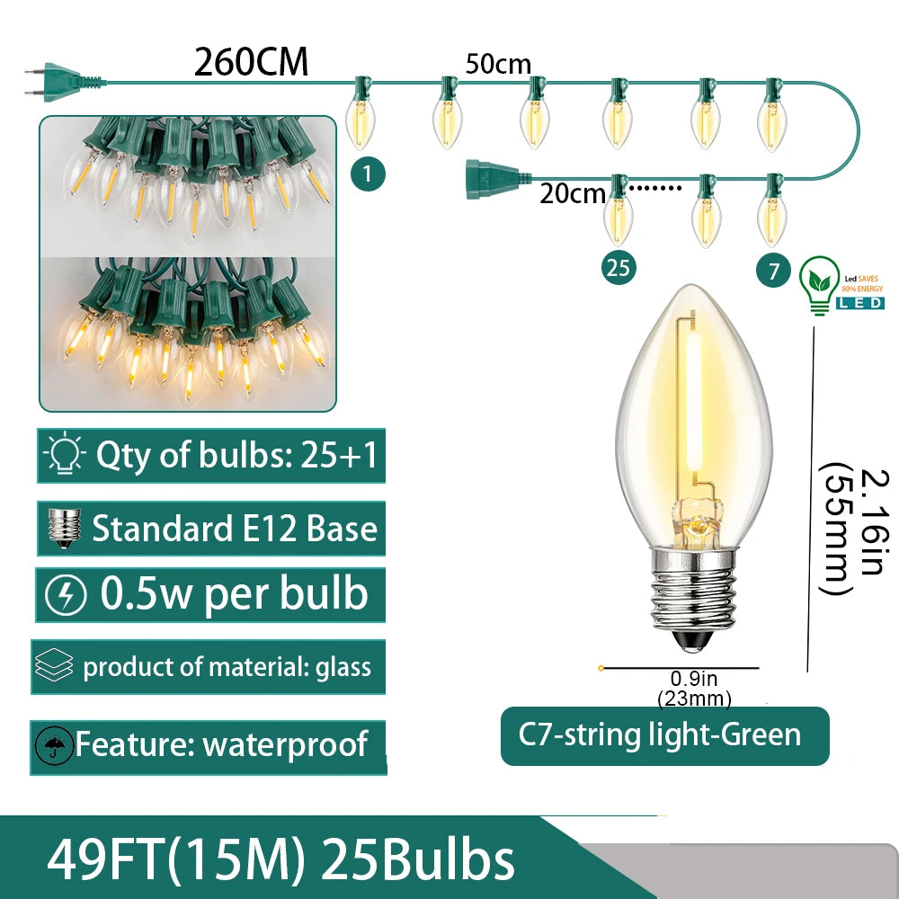 Garland C7 Candle Led String Lights Waterproof Outdoor Indoor