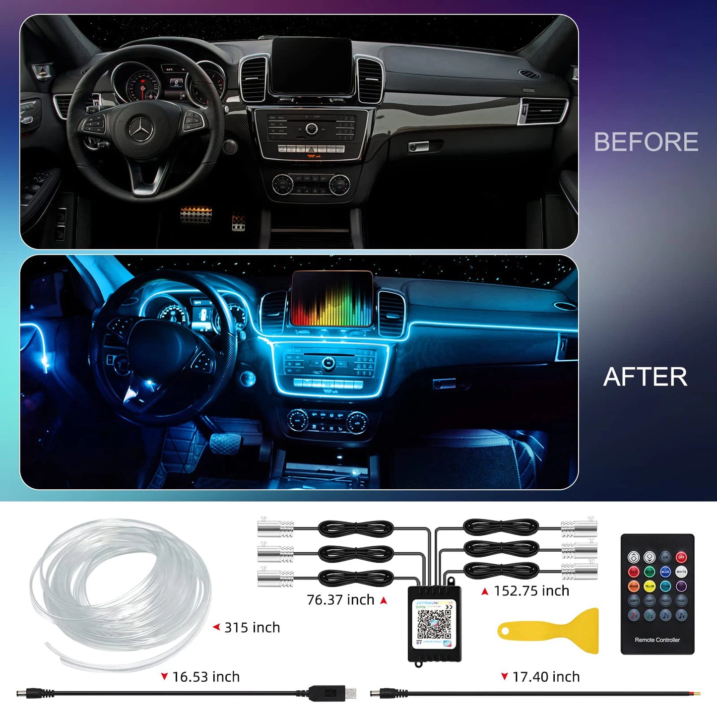LED Car Interior Ambient Strip Lights RGB Fiber Optic Atmosphere
