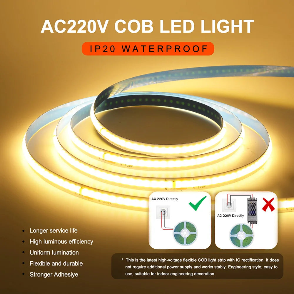 220V 110V COB LED 5m 10m 20m 50m Strip Light 2pin Power Kit