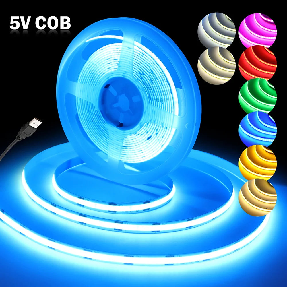 5V USB COB LED Strip Light 320LEDs Ribbon Tape Linear Lighting