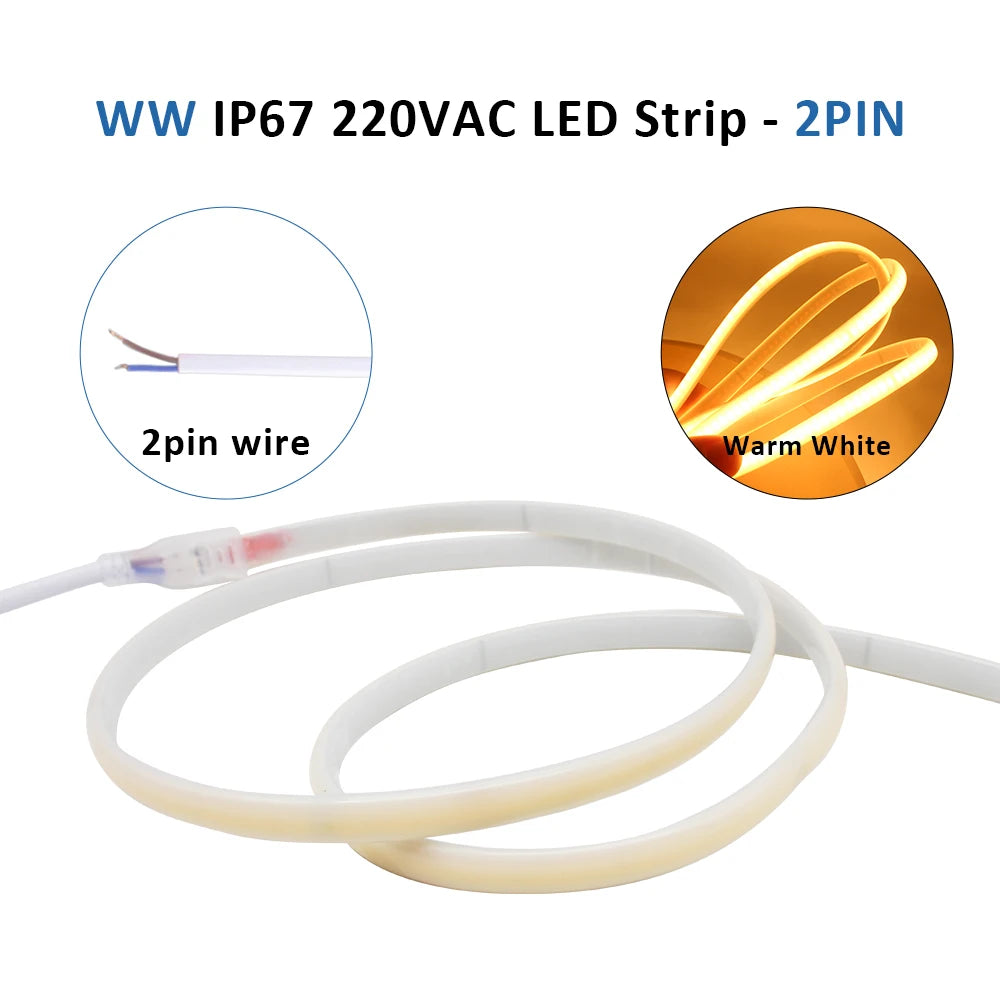 220V IP67 Waterproof COB Led Strip 3000K 4000K 6000K 240LEDs