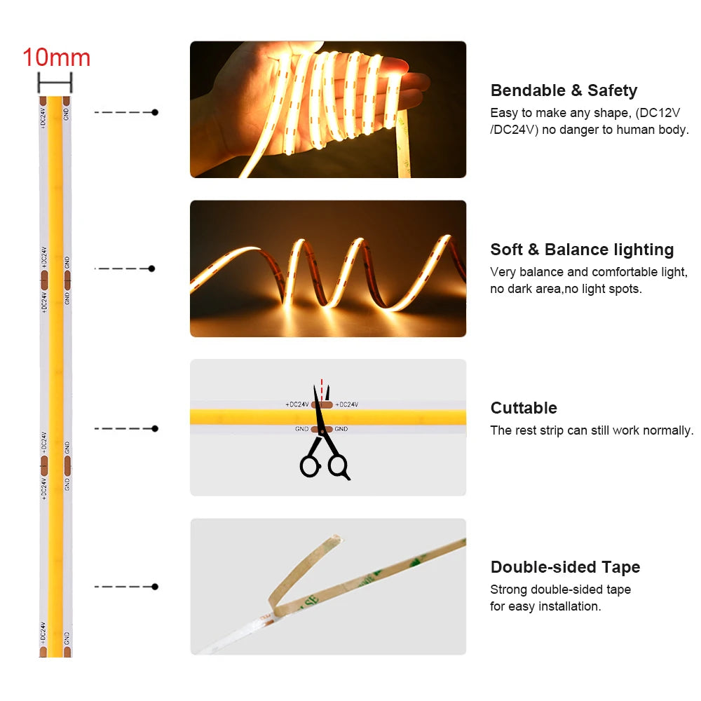 Linear Dimmable 24V 12V COB LED Strip Light For Room Decor