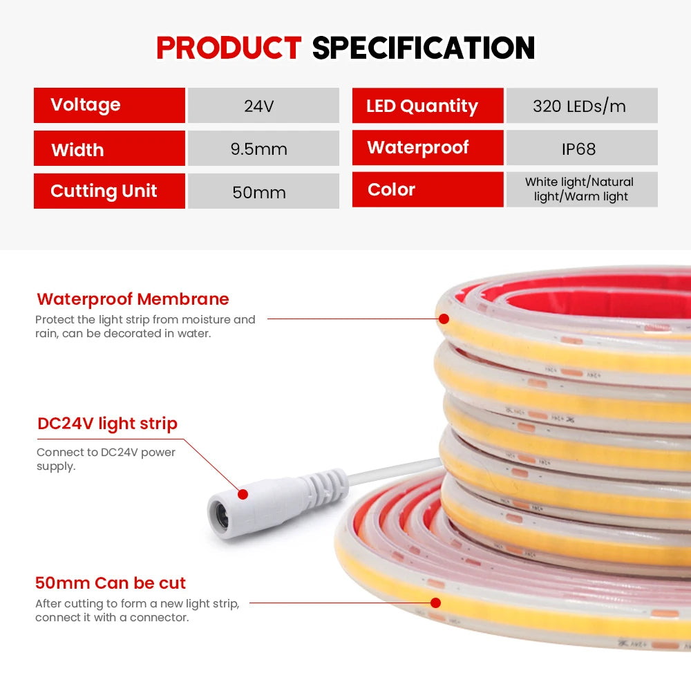 IP68 Waterproof COB LED Strip Lights Ribbon Tape