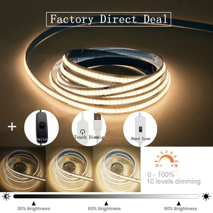 Dimmable 5V USB 5m COB LED Strip Light with Hand Scan Dimmable Touch Sensor