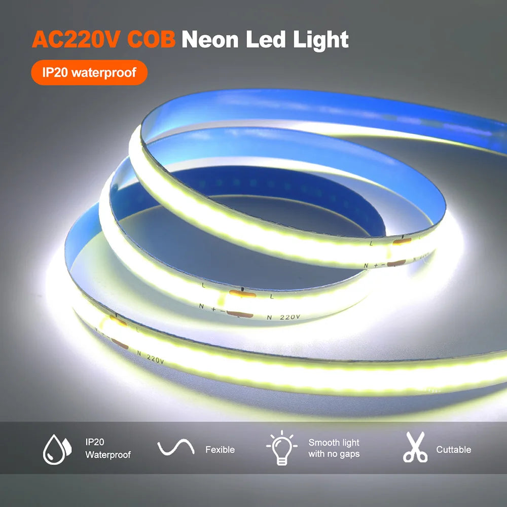220V 110V COB LED 5m 10m 20m 50m Strip Light 2pin Power Kit