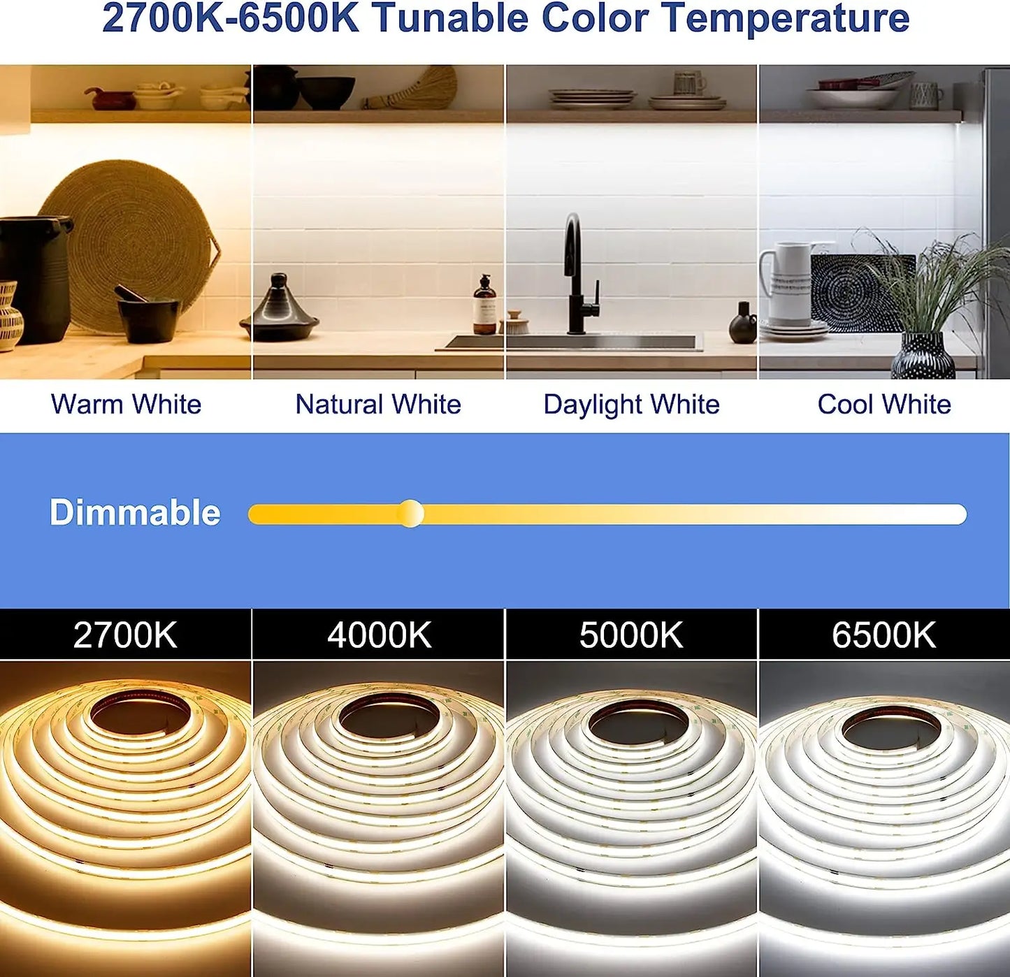 DC24V 2700K-6500K CCT COB FOB LED Strip Light 608LEDs