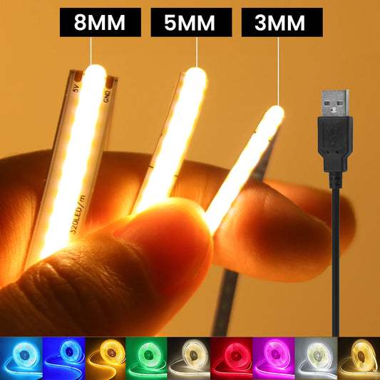 DC5V USB COB LED Strip Light 3MM 5MM 8MM Flexible LED Tape