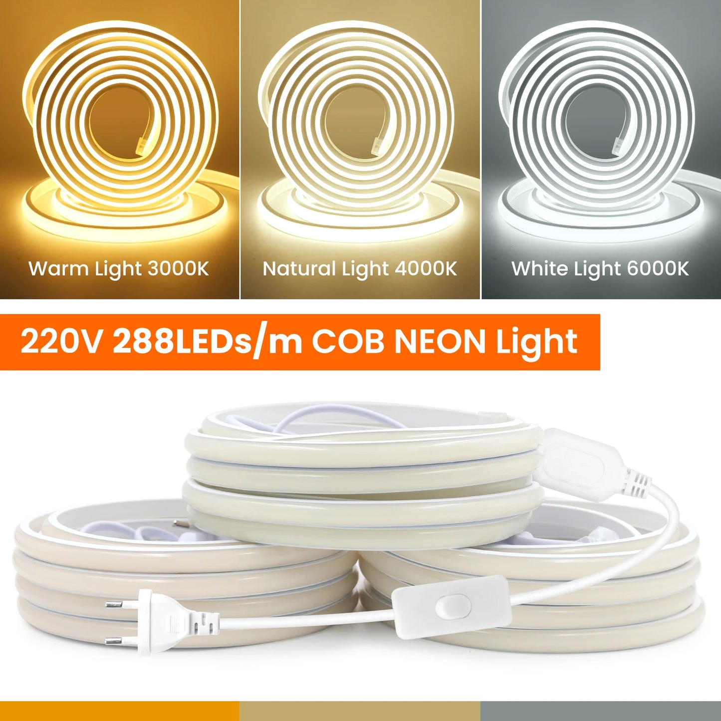 Waterproof COB LED Strip Light With EU Switch Plug