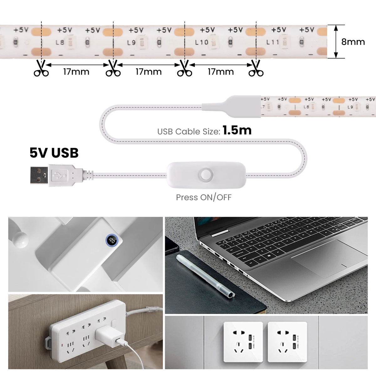 LED Strip Light USB 60Leds/m Flexible Led Tape for Room Decor