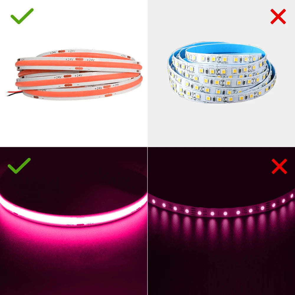 DC 24V Colour COB LED Strip Lights For Room 8mm 480LED/m High Density