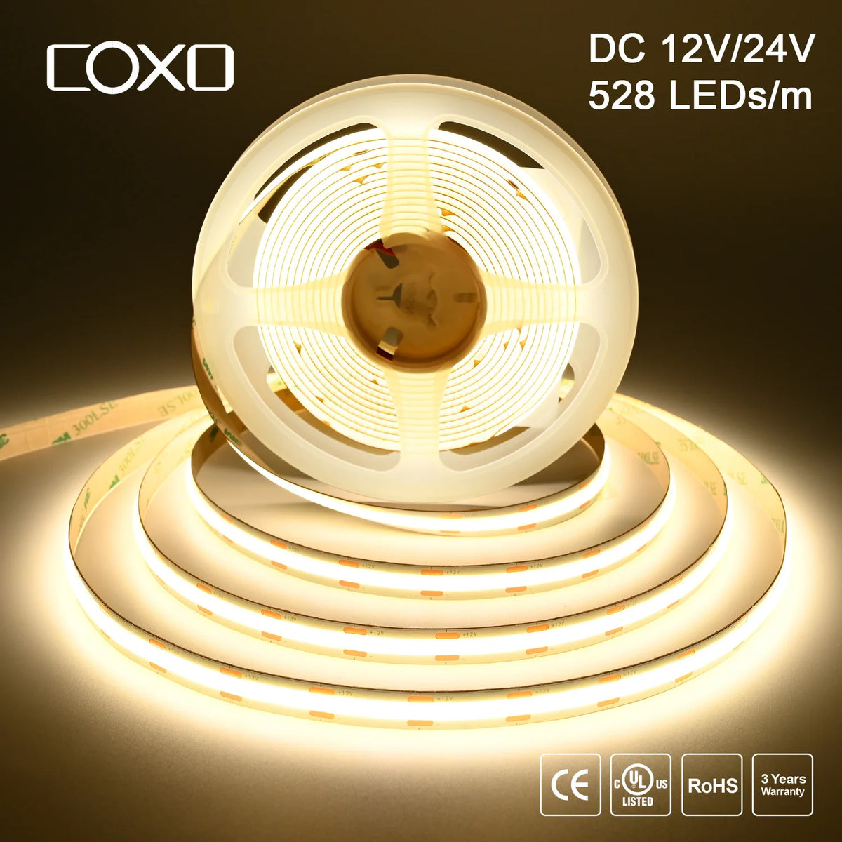Dimmable 24V 12V COB LED Strip Light 528LEDs/m High Density Flexible LED Ribbon Tape