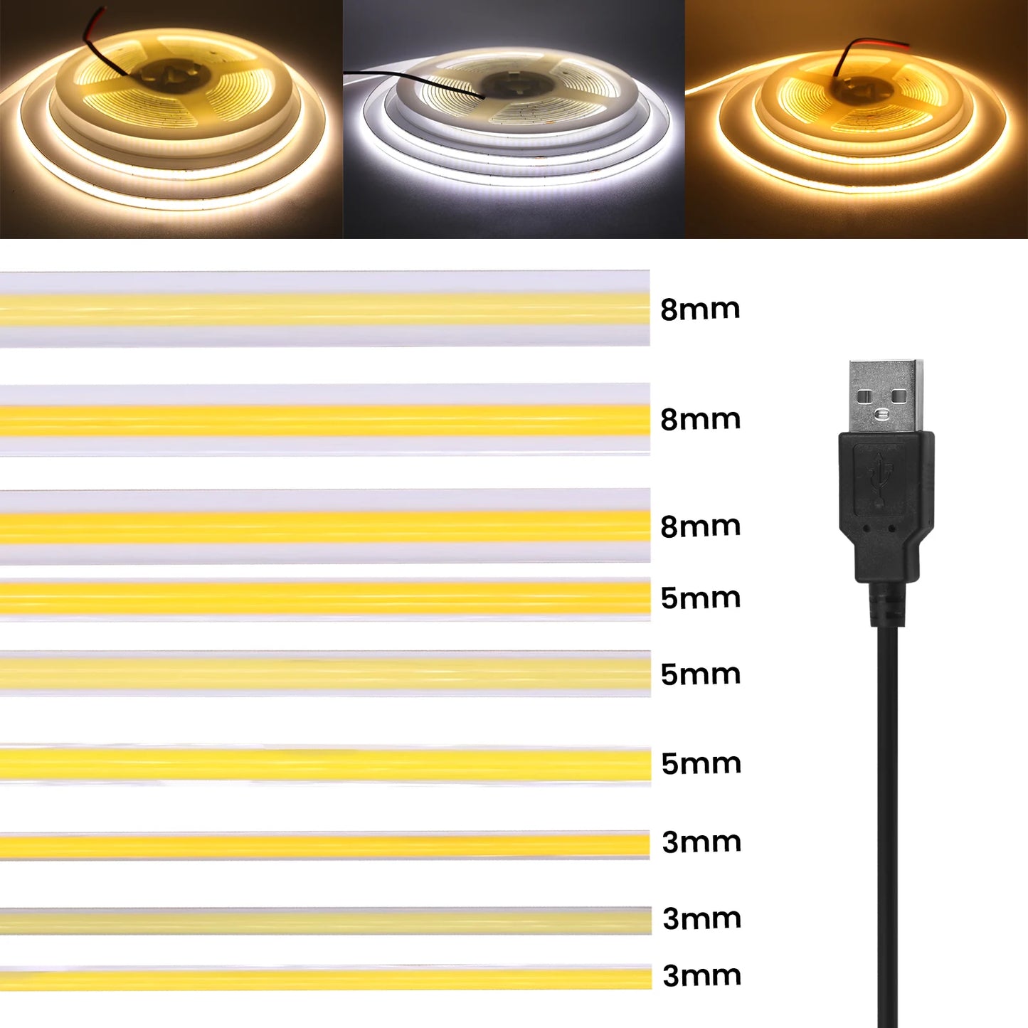 DC5V USB COB LED Strip Light 3MM 5MM 8MM Flexible LED Tape